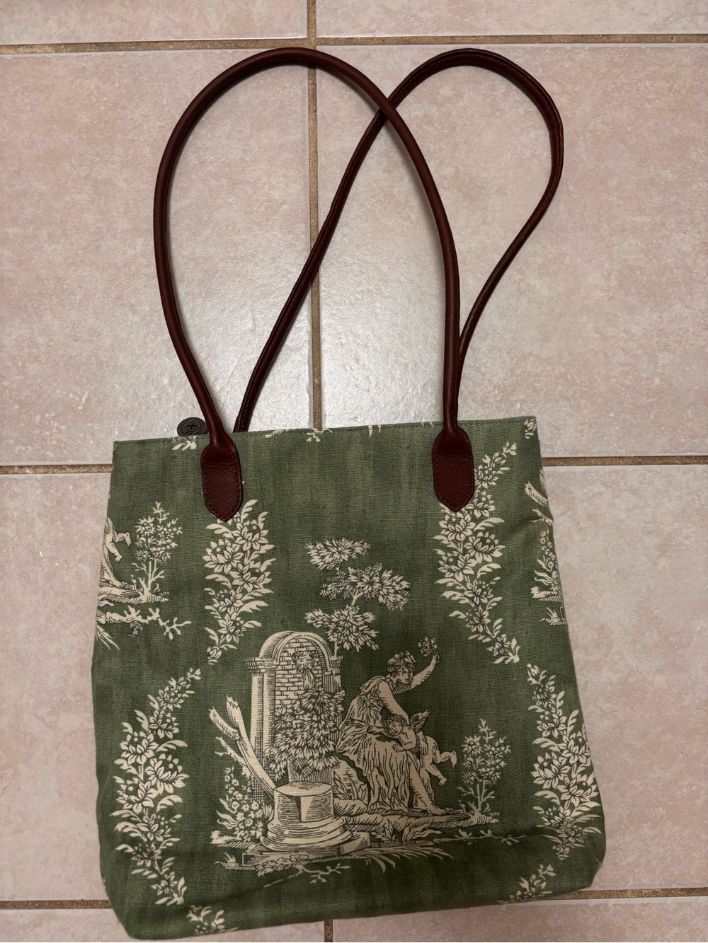Pierre Deux Green Toile Canvas Bag Purse with Brown Straps
